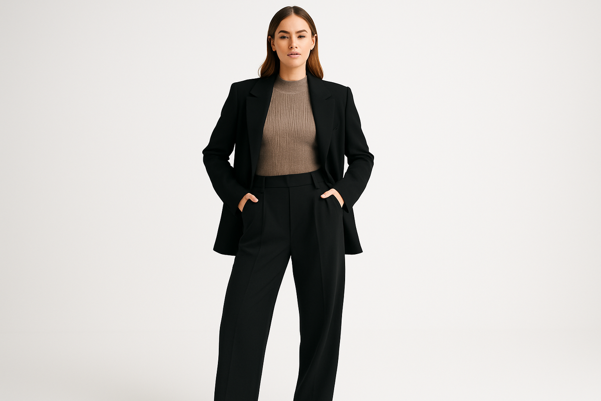studio pic of a woman model posing white woman cool clothes white bg 