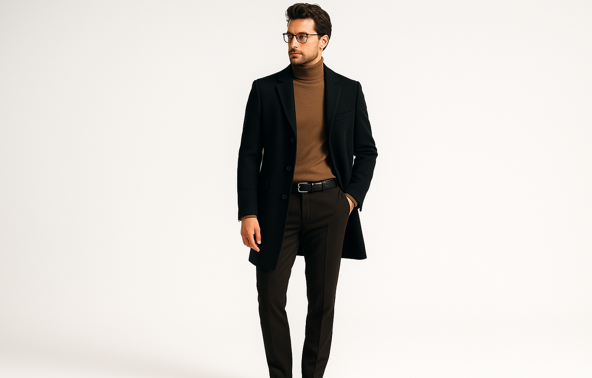 studio pic white bgof a guy wearing good clothes black brown combo 3-4 mtrs from cam 